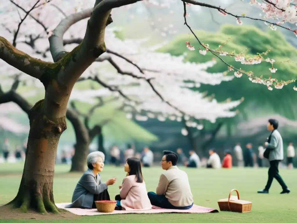 Grupo diverso celebra Hanami bajo cerezo en parque japonés, reflejando significado actual de Hanami histórico