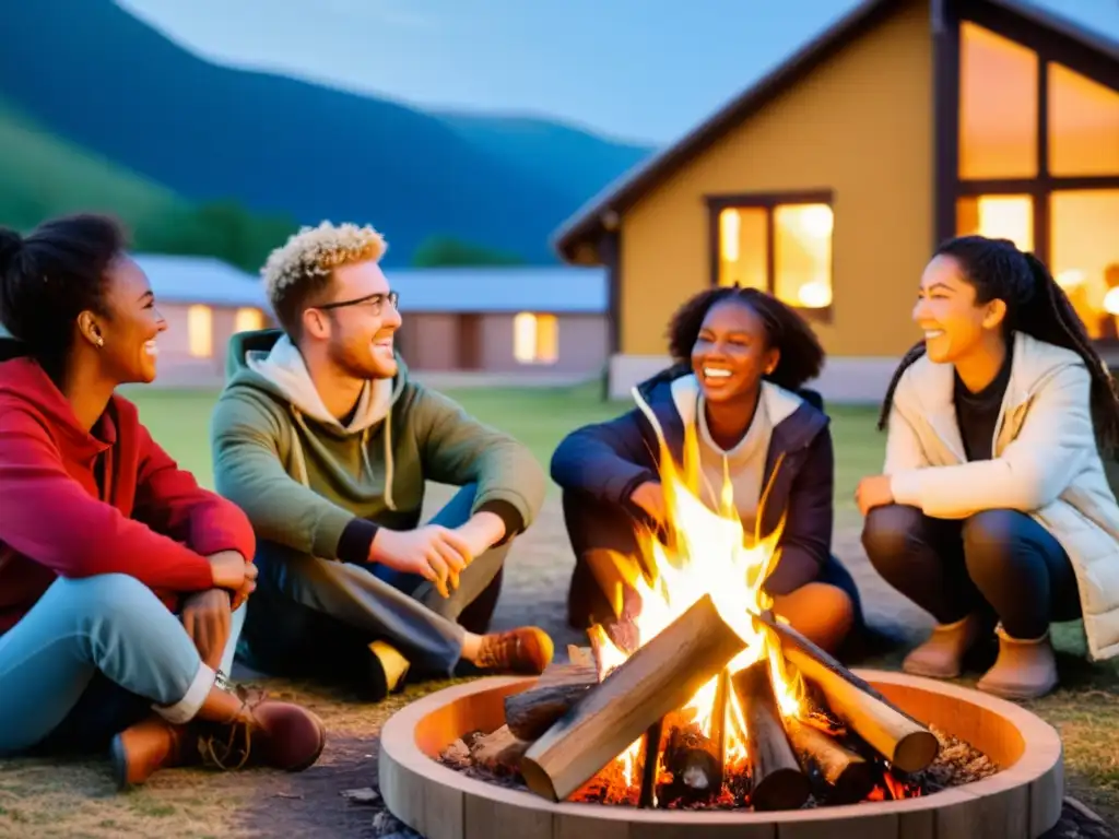 Un grupo diverso de jóvenes viajeros se reúnen alrededor de una fogata en un Albergue Juvenil Cultural, compartiendo experiencias y risas mientras forjan amistades