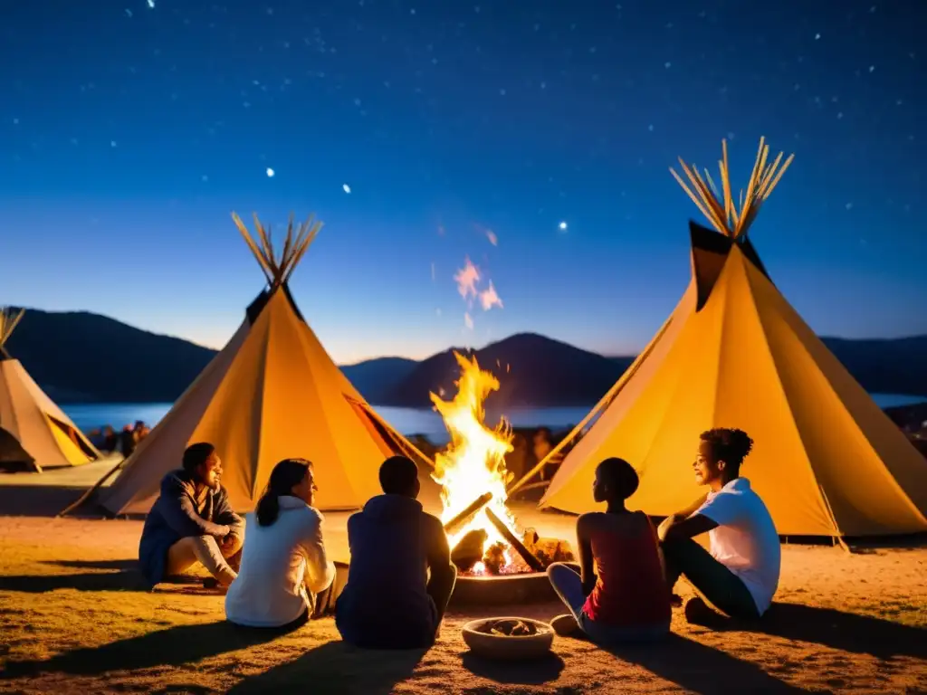 Un grupo diverso de jóvenes viajeros se reúne alrededor de una fogata fuera de un albergue juvenil cultural intercultural, compartiendo historias y experiencias