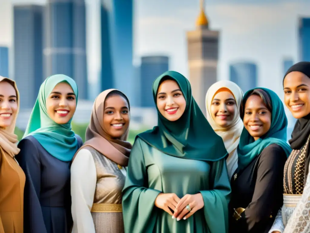 Un grupo diverso de mujeres musulmanas liderando y empoderándose en la ciudad, mostrando unidad y diversidad cultural