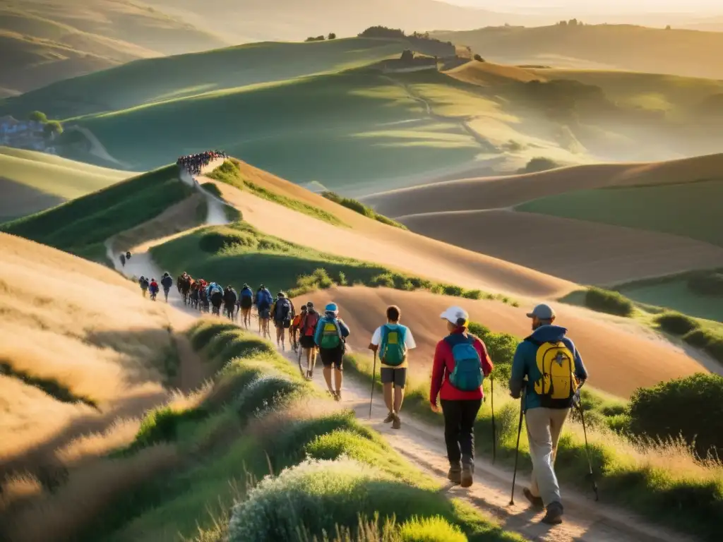 Un grupo diverso de peregrinos camina en el Camino de Santiago al atardecer, mostrando la esencia de las peregrinaciones espirituales e impacto cultural