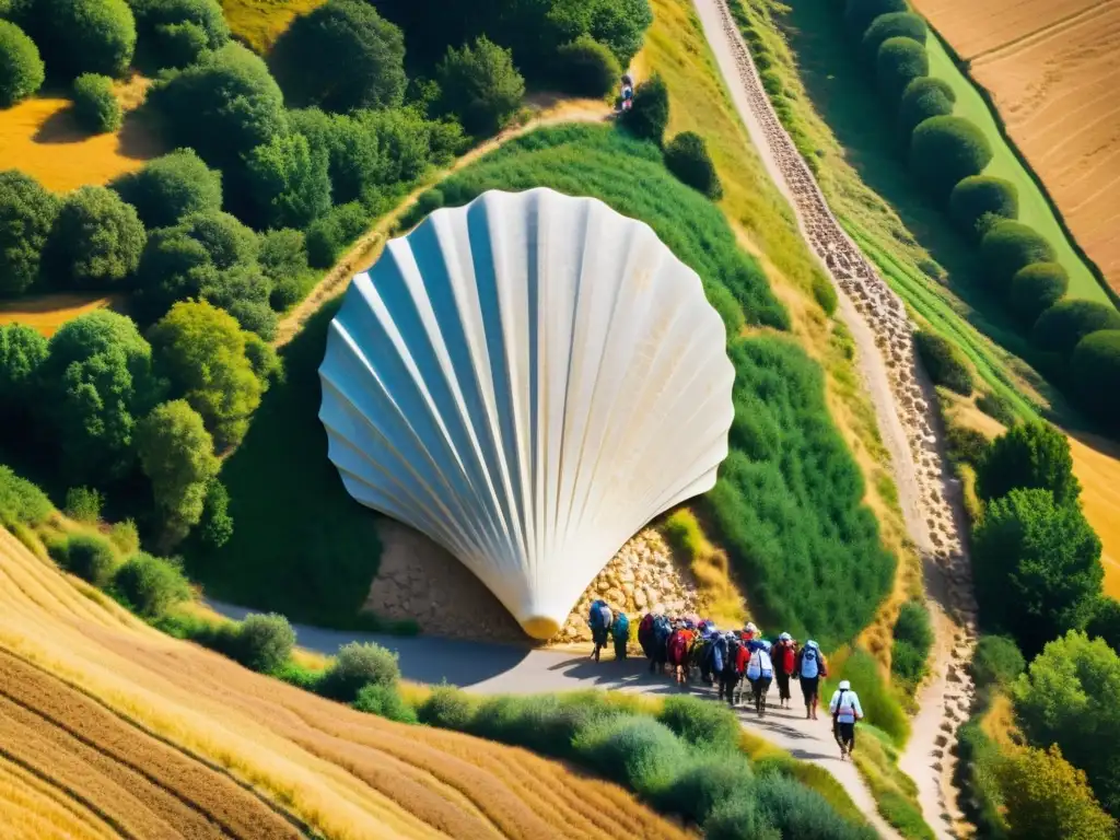 Un grupo diverso de peregrinos camina unido por el Camino de Santiago, destacando la concha como símbolo de unión