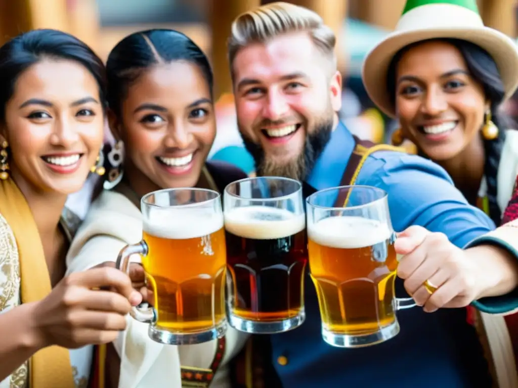 Un grupo diverso de personas de diferentes culturas brindando con cervezas en un festival, mostrando identidades culturales y tradiciones únicas