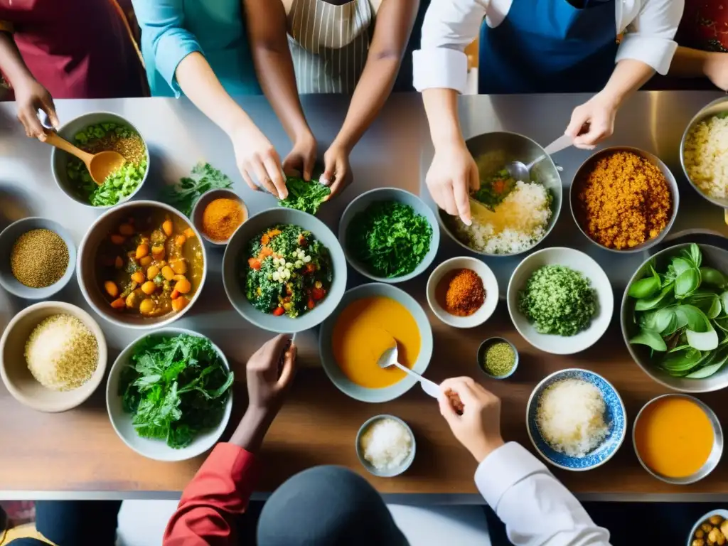 Un grupo diverso de personas prepara platos tradicionales en una gran mesa, reflejando el intercambio cultural