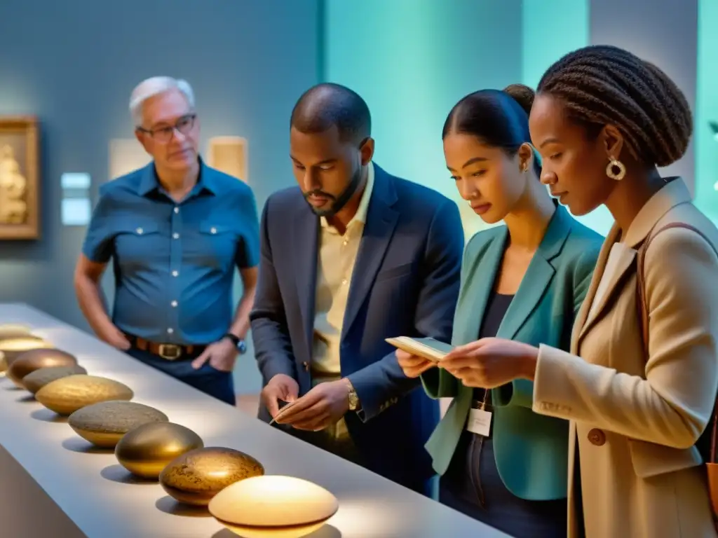 Un grupo diverso de personas examina con respeto y curiosidad artefactos culturales en un museo, destacando la importancia de la herencia cultural