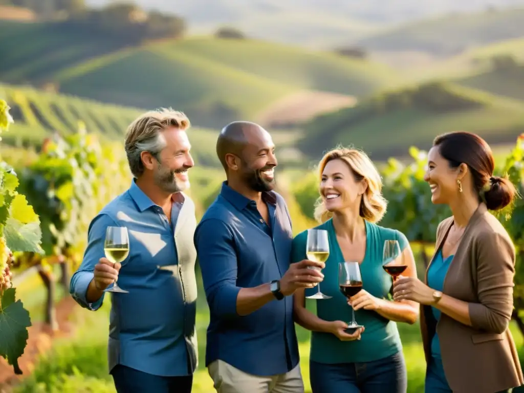 Un grupo diverso de vinicultores comparte historias embotelladas de vino en un viñedo soleado