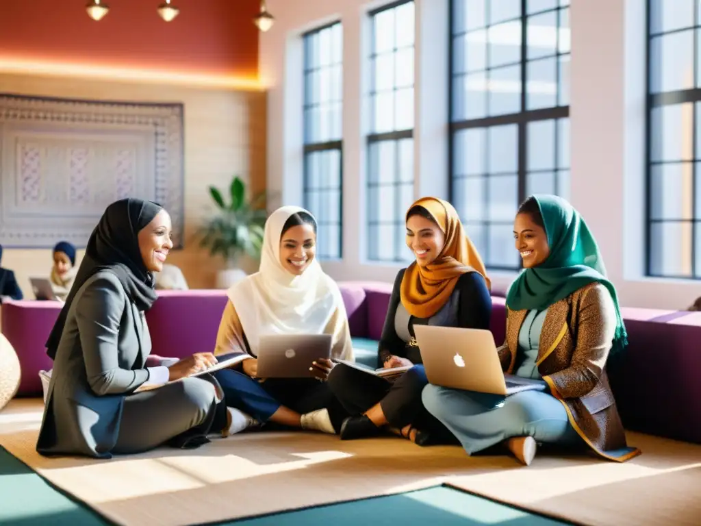 Un grupo de emprendedoras femeninas exitosas de diferentes países islámicos, colaborando en un moderno espacio de coworking