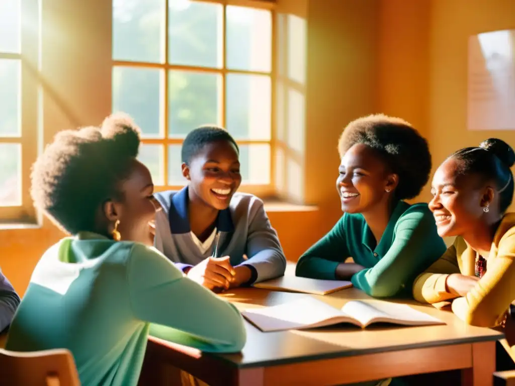 Un grupo de estudiantes africanos participa animadamente en una discusión sobre la fonología del francés