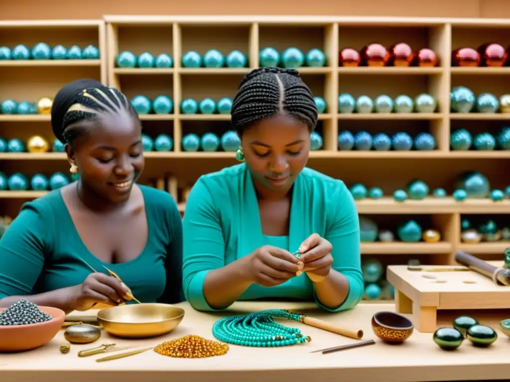 Grupo de estudiantes creando bisutería con abalorios en un taller tradicional cálido y acogedor