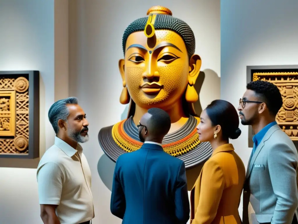 Grupo étnico admira escultura en exposición de arte étnico tridimensional, celebrando diversidad y tradición cultural