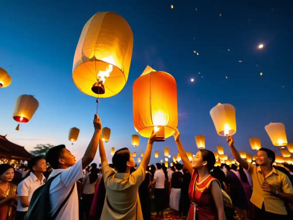 Grupo tailandés lanza farolillos durante el Festival de Farolillos de Yi Peng, creando un espectáculo luminoso y cultural