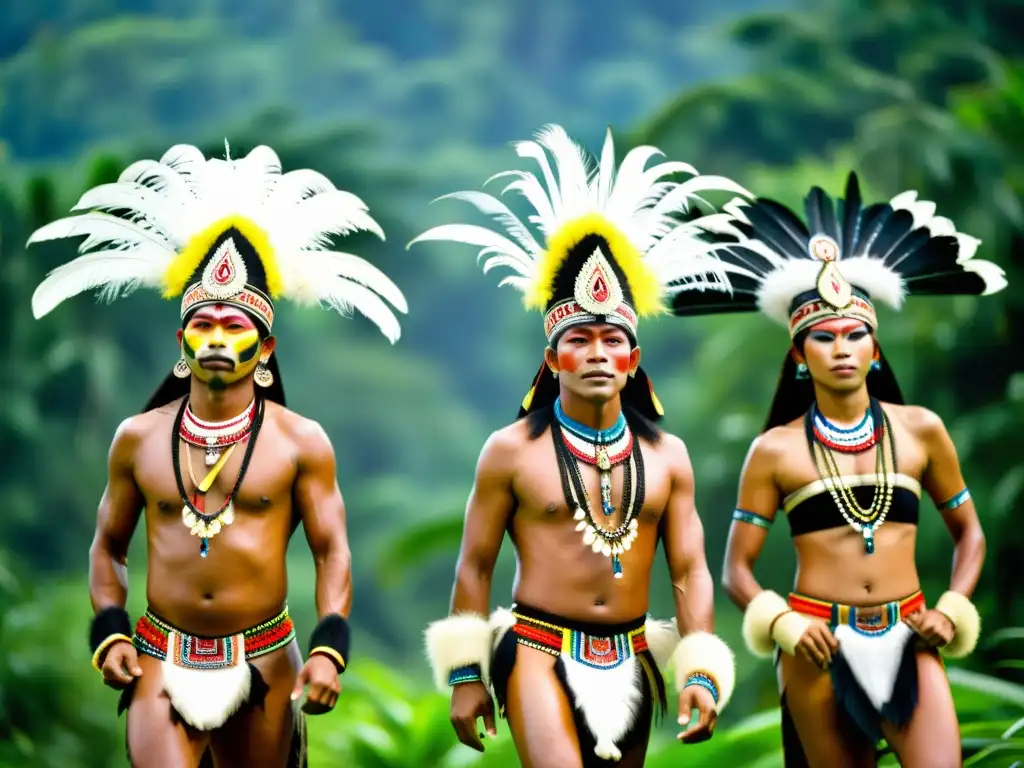 Grupo de Dayak danzando en el festival Gawai Dayak Borneo, con trajes tradicionales y plumas vibrantes, en la exuberante selva