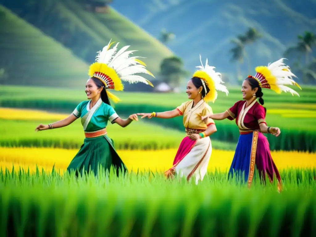 Grupo de KadazanDusun danzando en un festival de la cosecha en un campo de arroz de Sabah, con trajes coloridos y plumas vibrantes