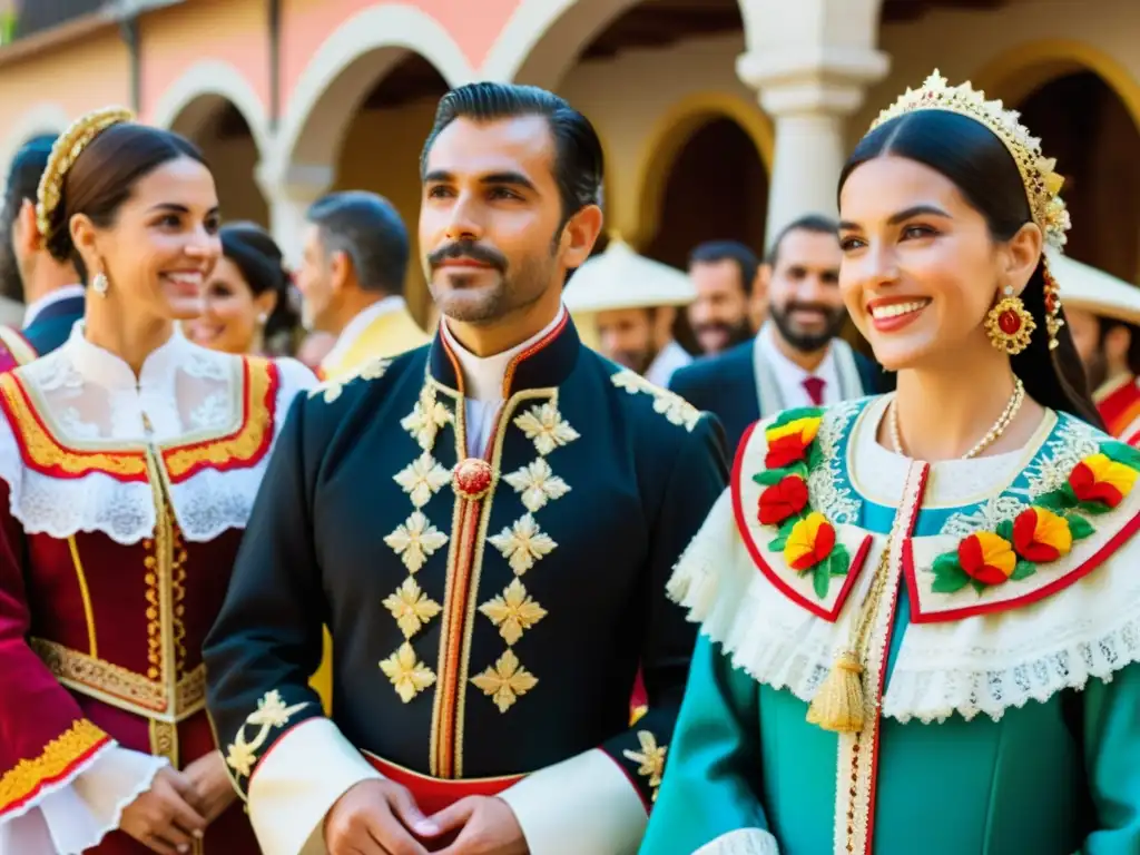 Grupo en festival español vistiendo trajes típicos de España folclórica, con detalles bordados y colores vibrantes