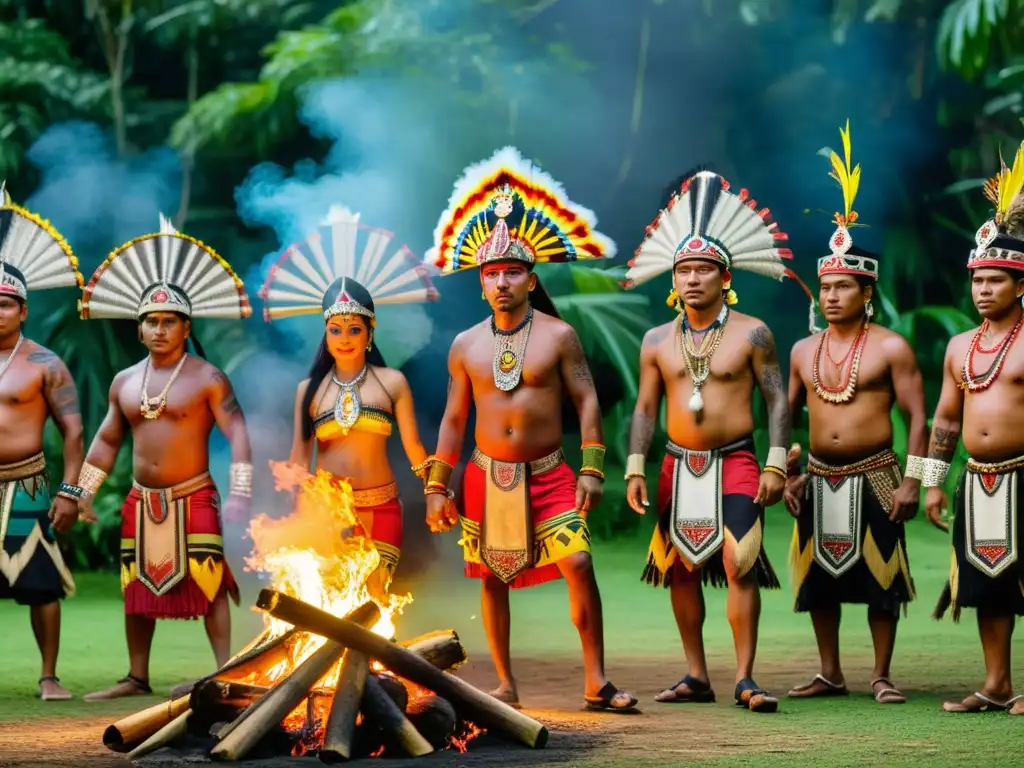 Grupo en Festival Gawai Dayak Borneo significado, danza tradicional alrededor de fogata, atuendos coloridos y expresiones intensas