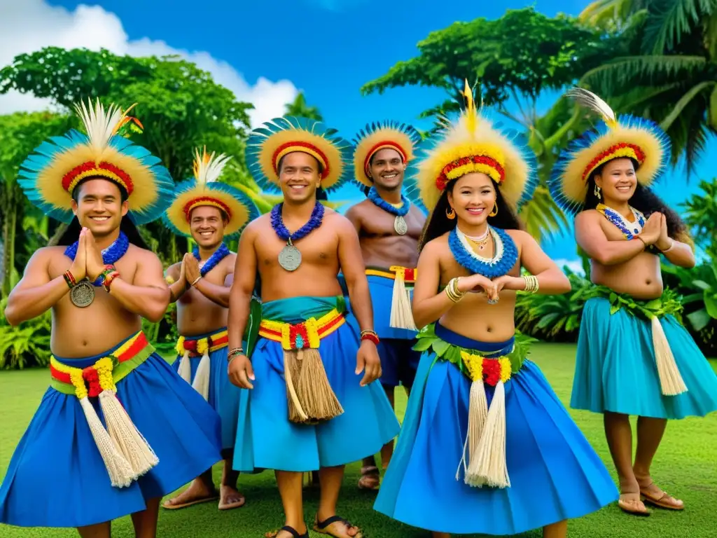 Grupo festivo en trajes tradicionales en el vibrante Festival Yap Day de Micronesia, entre decoraciones ornamentales y símbolos culturales