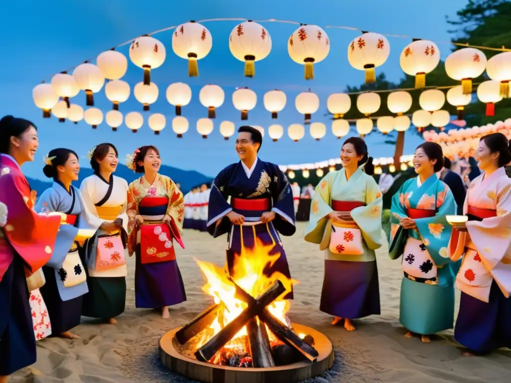 Grupo en yukatas bailando alrededor de una fogata en el Festival de Obon, envuelto en tradiciones y alegría