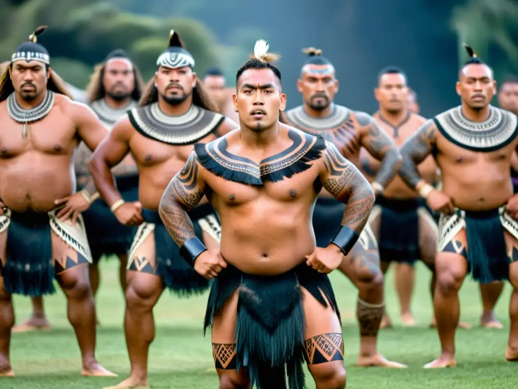 Grupo de guerreros maoríes ejecutando la danza tradicional haka, mostrando la cultura maorí en Nueva Zelanda