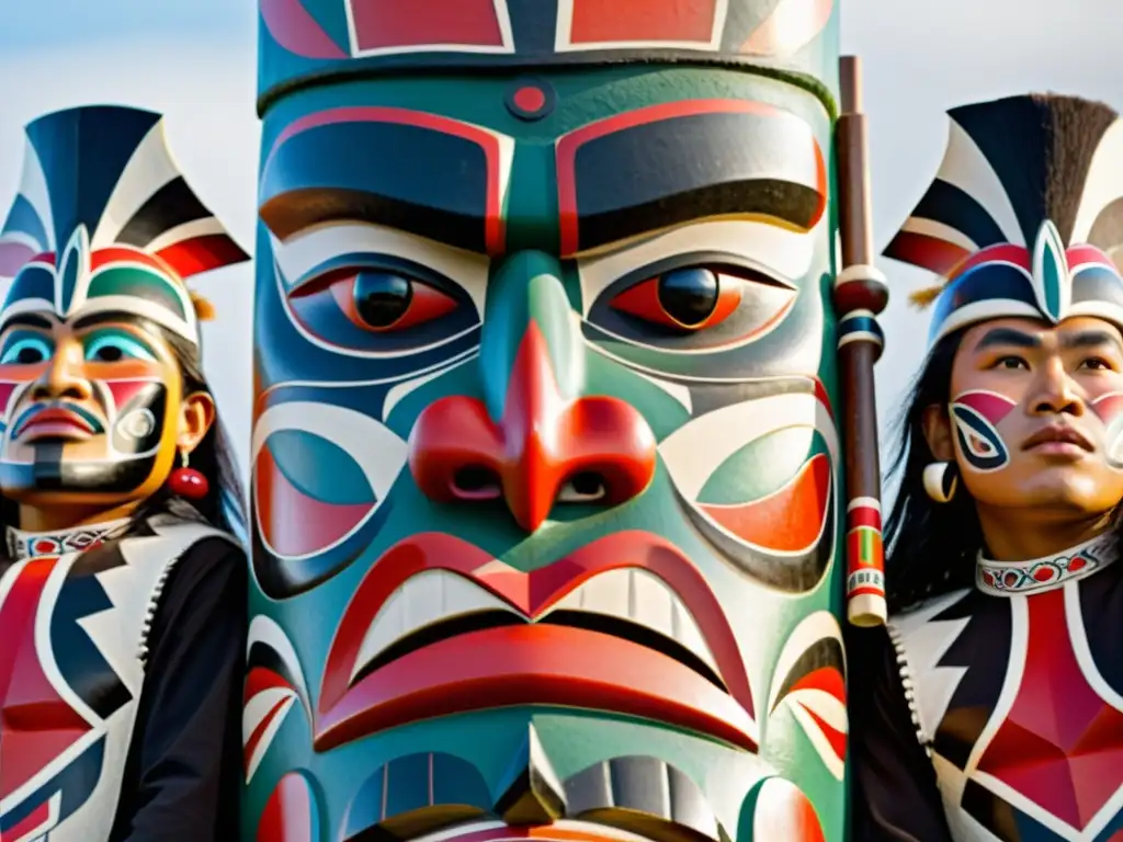 Grupo de Haida en regalia tradicional cantando junto al tótem