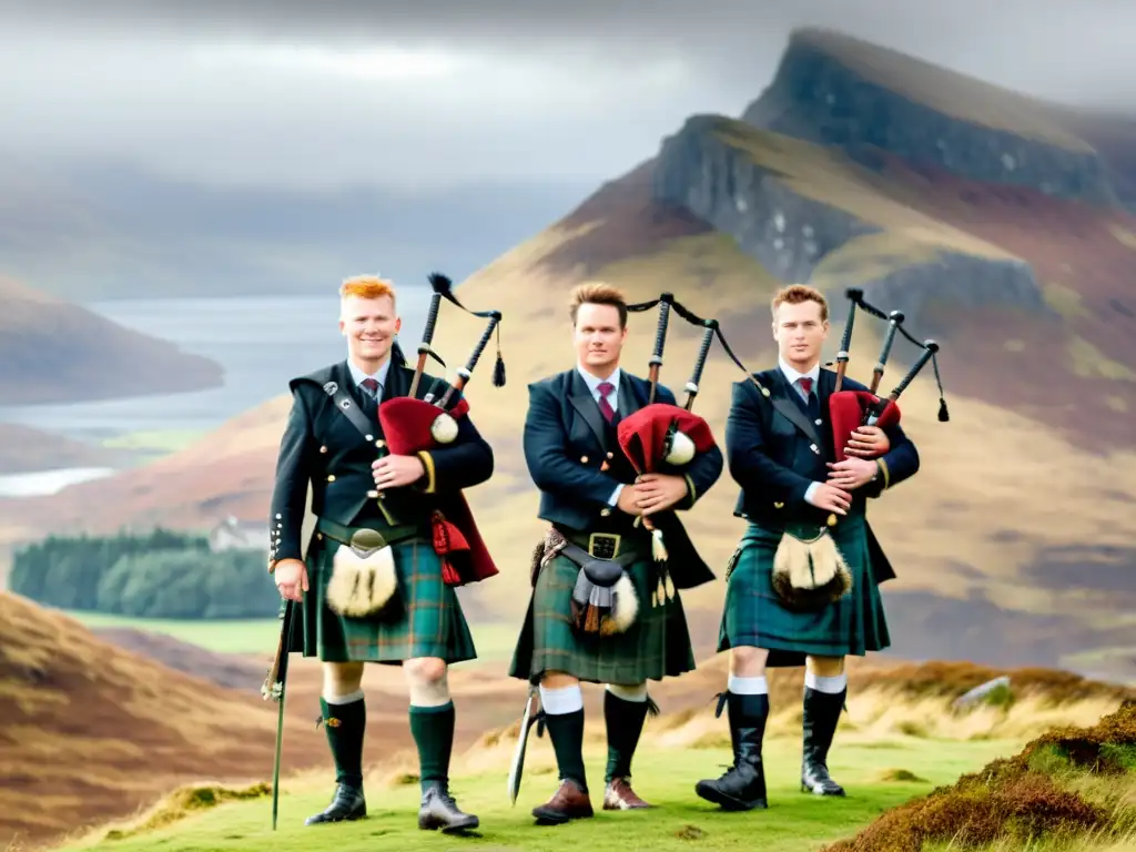 Un grupo de Highlanders escoceses con kilts tradicionales, orgullosos en las colinas neblinosas de las Highlands