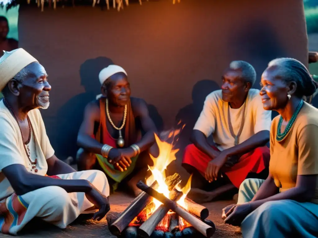 Un grupo de ancianos comparte historias africanas alrededor del fuego, preservación de historias y leyendas africanas a través de la oralidad