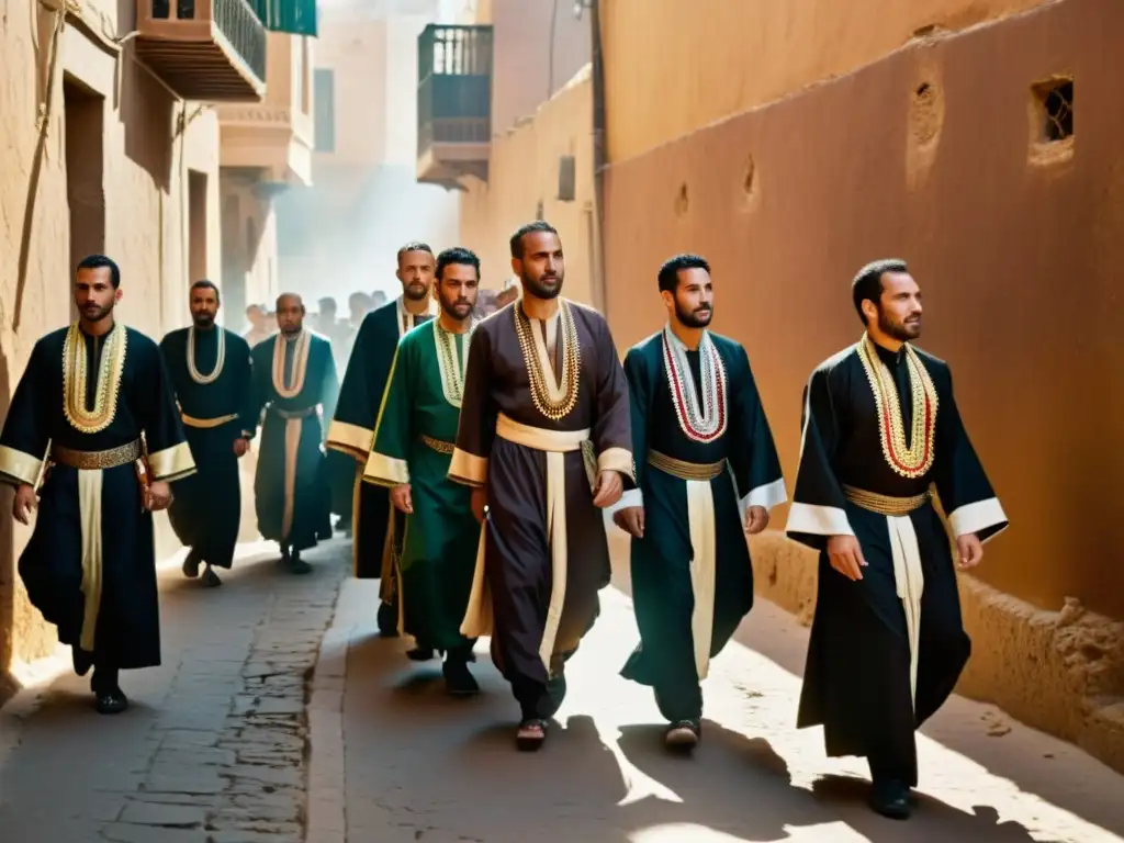 Un grupo de hombres en atuendo tradicional del Día de Ashura tradiciones norte africano, se reúnen en una procesión solemne bajo el sol en un estrecho callejón, con prendas vibrantes y expresiones serias