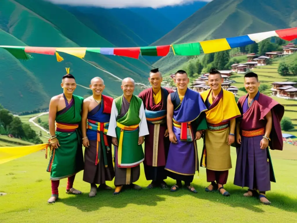 Un grupo de hombres butaneses en trajes Gho tradicionales, con montañas verdes y banderas de oración al fondo