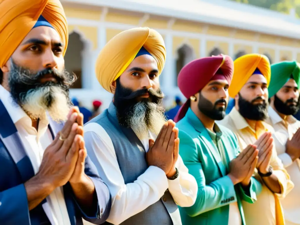 Un grupo de hombres Sikh con Dastars coloridos rezando afuera de un gurdwara, reflejando el significado del Dastar en la comunidad Sikh