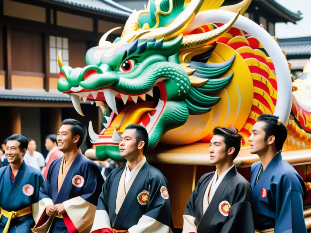 Un grupo de hombres lleva un enorme carroza en el festival Hakata Gion Yamakasa de Fukuoka