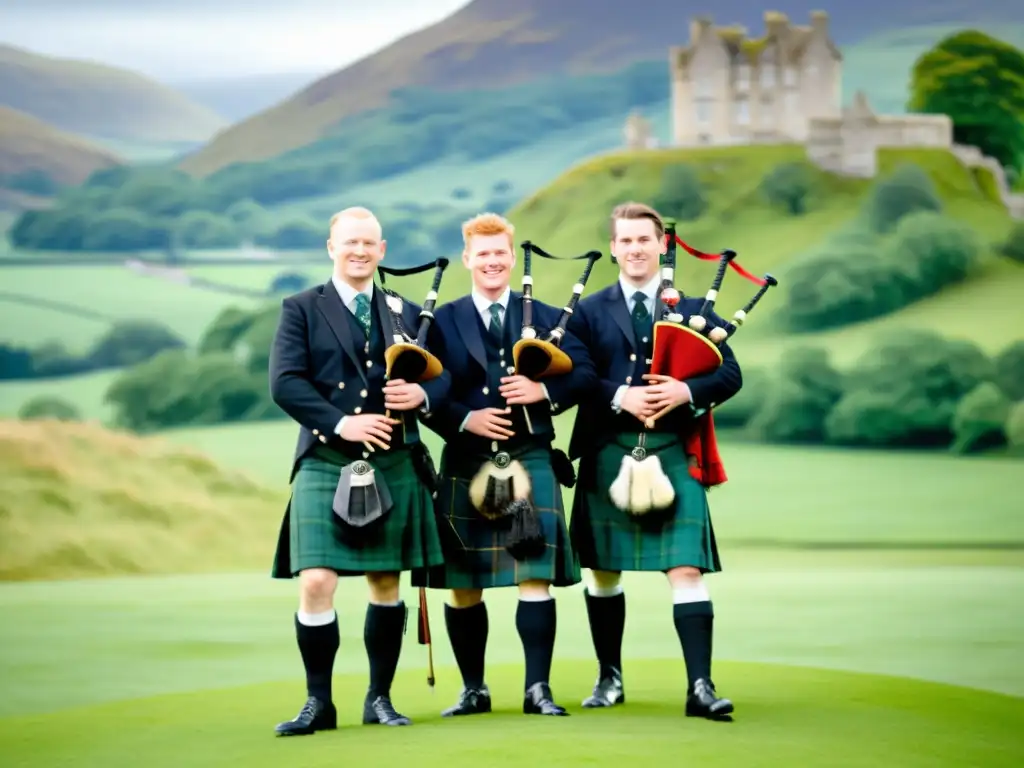 Grupo de hombres escoceses con kilts tradicionales, tocando gaitas frente a un castillo histórico