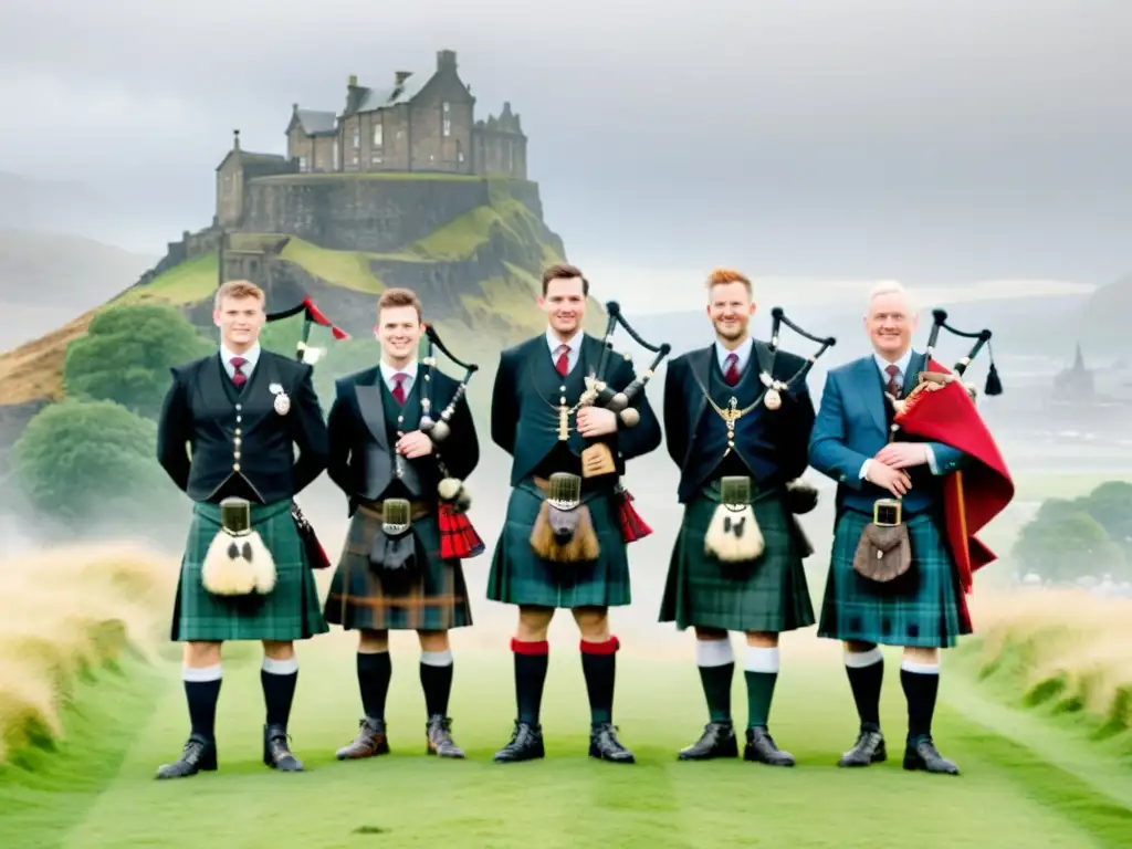 Un grupo de hombres escoceses orgullosos llevando kilts tradicionales con patrones de tartán diferentes, en un paisaje de las Tierras Altas