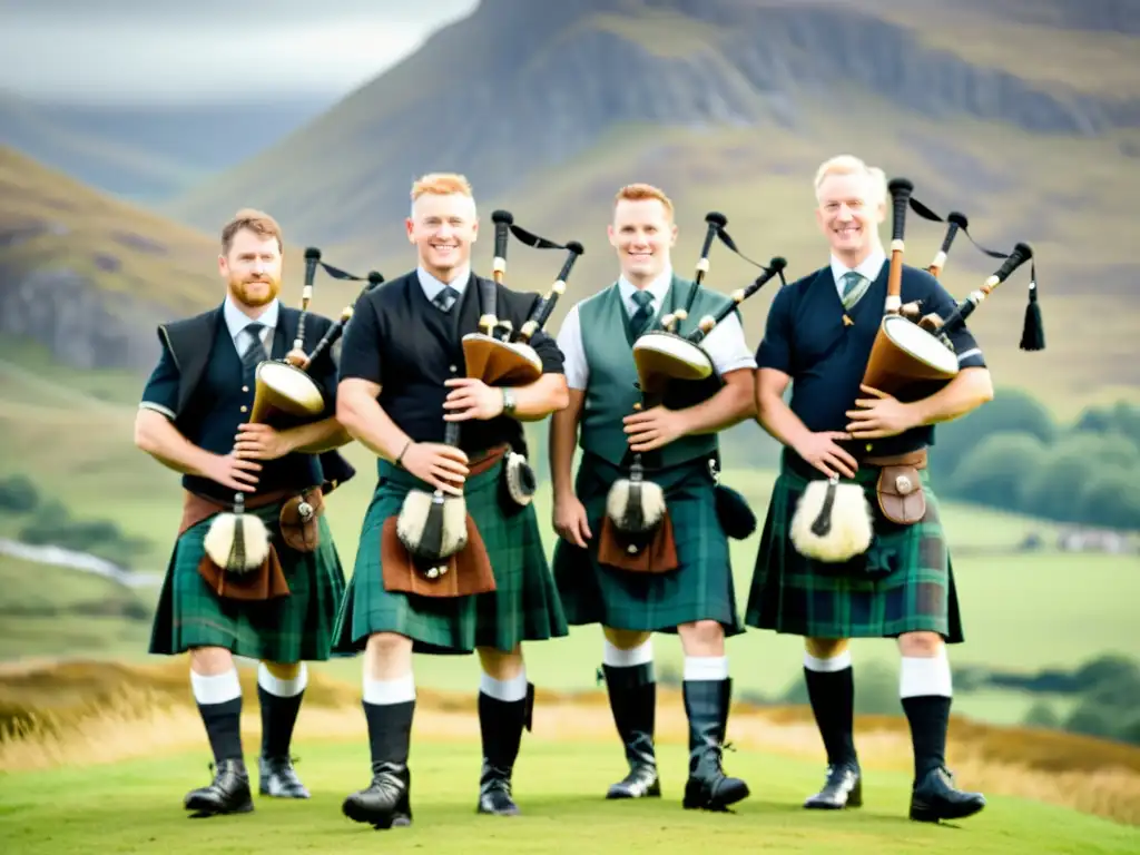 Un grupo de hombres escoceses vestidos con kilts tradicionales tocan gaitas en un paisaje escocés