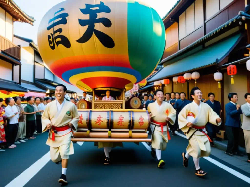 Grupo de hombres en Fukuoka llevando un yamakasa durante el festival Hakata Gion