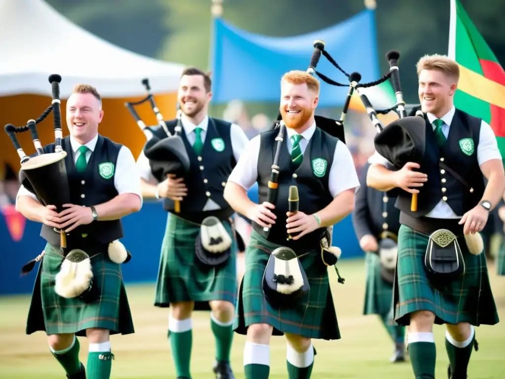 Grupo de hombres irlandeses tocando gaita en festival al aire libre