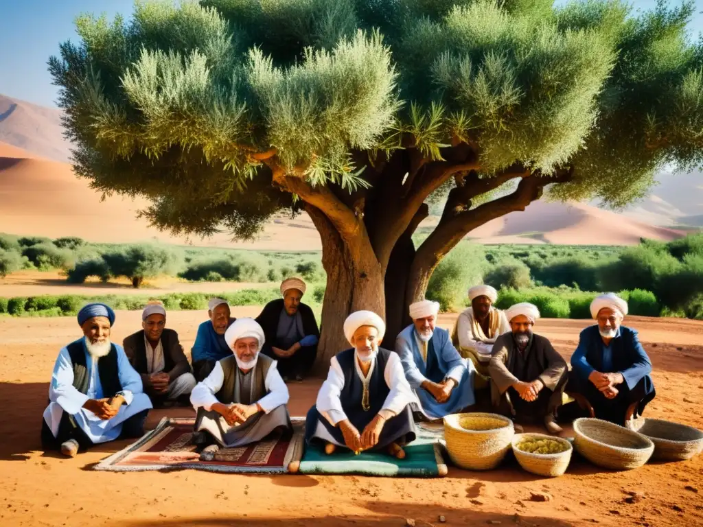 Grupo de hombres marroquíes jugando T'bol bajo un olivo centenario en las montañas del Atlas, en un escenario cultural de Marruecos