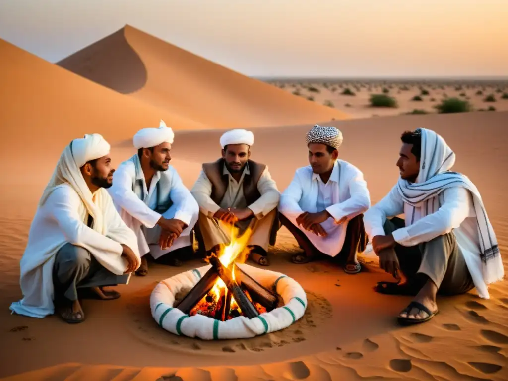 Grupo de hombres mauritanos reunidos alrededor del fuego en el desierto, destacando el significado cultural del keffiyeh en Mauritania