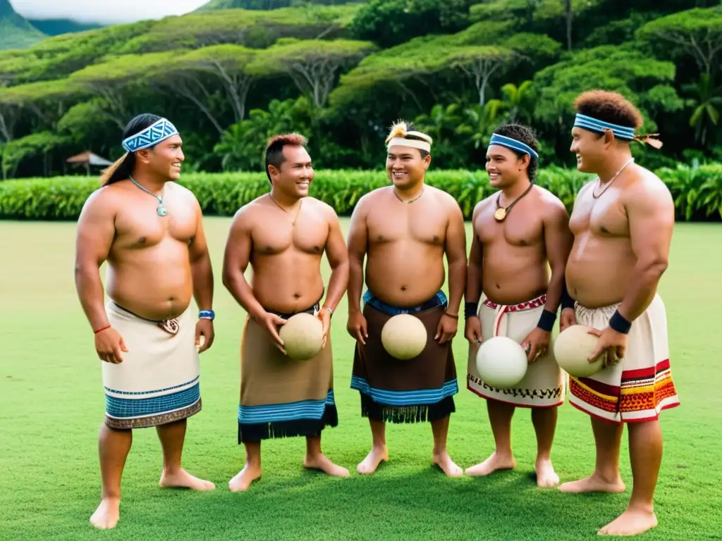 Grupo de hombres micronesianos juegan pelota en una ceremonia cultural en Micronesia, demostrando habilidad y tradición