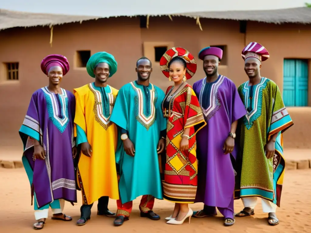 Grupo de hombres y mujeres africanos vistiendo boubous vibrantes y con patrones intrincados en una aldea tradicional africana