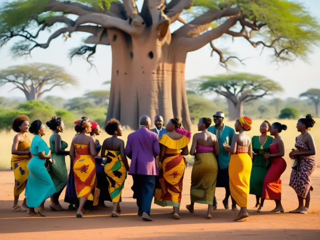 Un grupo de hombres y mujeres bailando bajo un baobab en África Francófona