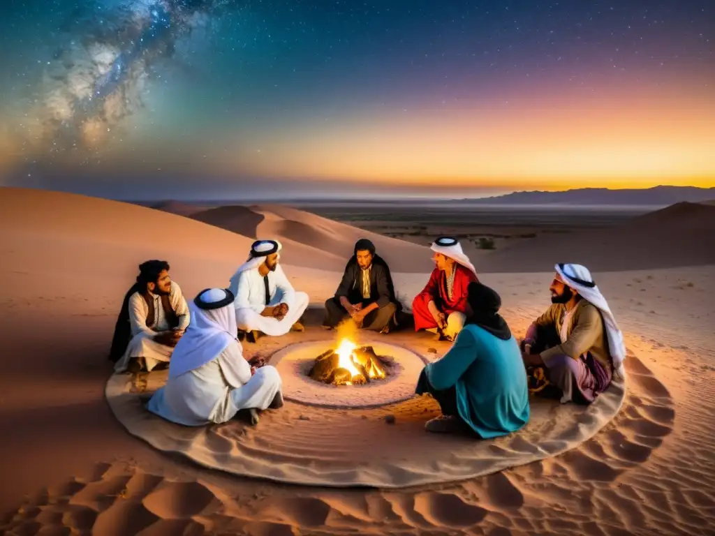 Un grupo de hombres y mujeres beduinos se reúnen alrededor de una fogata en el desierto árabe, vistiendo coloridos trajes tradicionales mientras comparten historias y preservan su cultura beduina