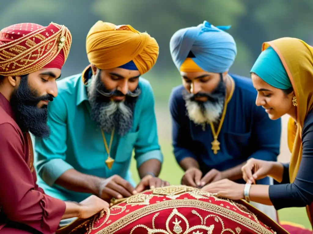 Un grupo de hombres y mujeres Sikh envueltos con orgullo en coloridos Dastars, reflejando el significado del Dastar en la comunidad Sikh