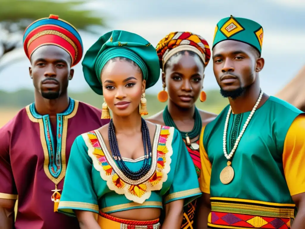 Un grupo de hombres y mujeres vistiendo ropa tradicional africana con colores vibrantes y patrones intrincados