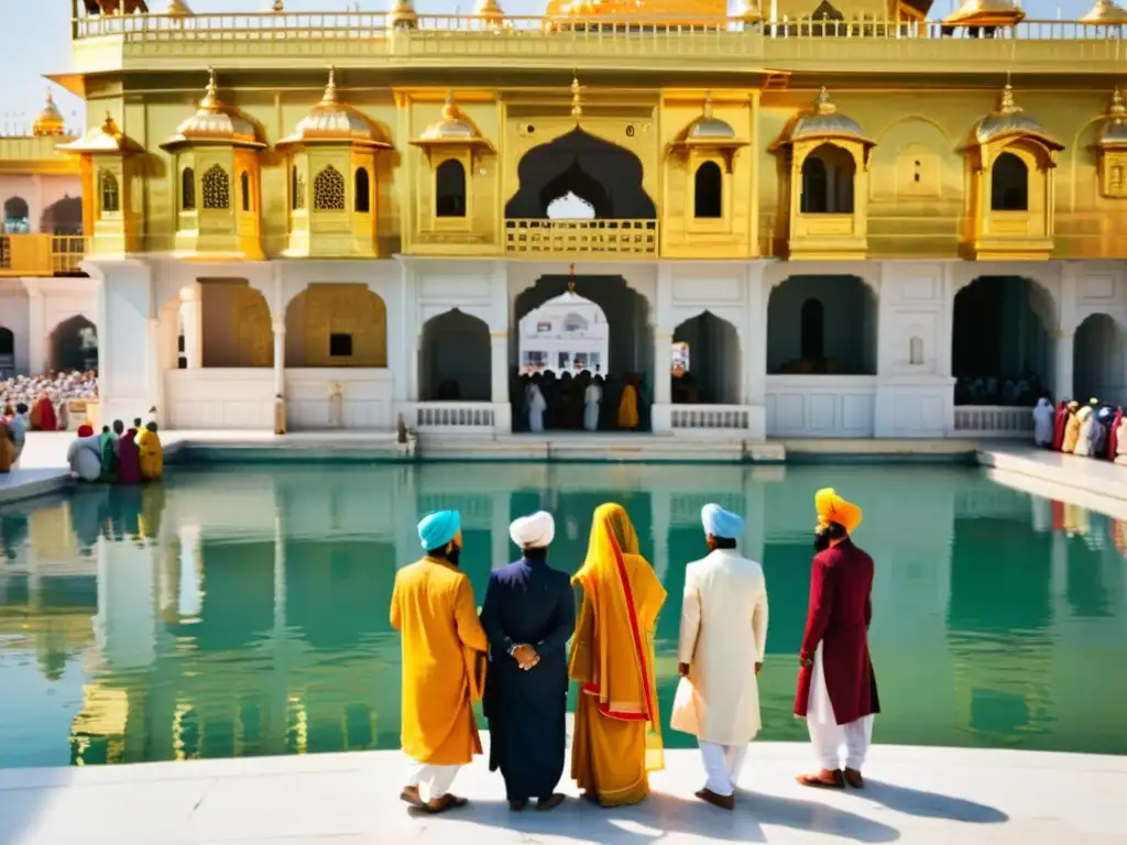 Grupo de hombres y mujeres Sikhs rezando en el Templo Dorado, Amritsar