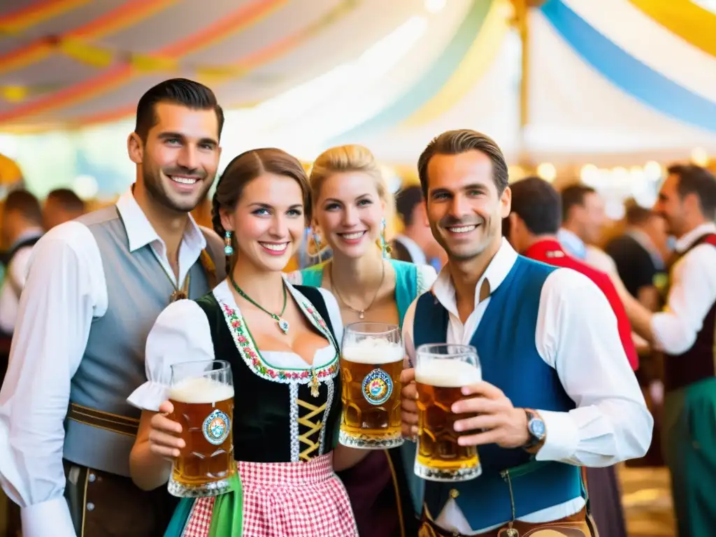 Un grupo de hombres y mujeres vestidos con trajes tradicionales bávaros en el Oktoberfest en Múnich