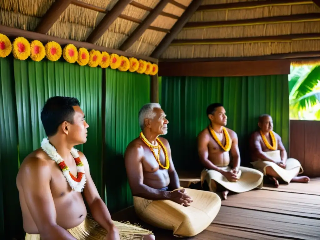 Grupo de hombres en tradicional casa micronesia, preparándose para ceremonia corte pelo