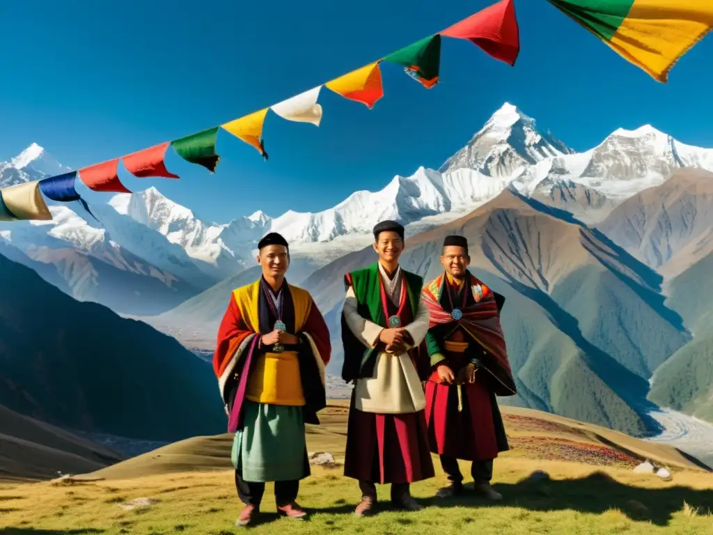 Un grupo de hombres viste el tradicional traje Gho de Bután frente a los majestuosos Himalayas, ondeando banderas de oración