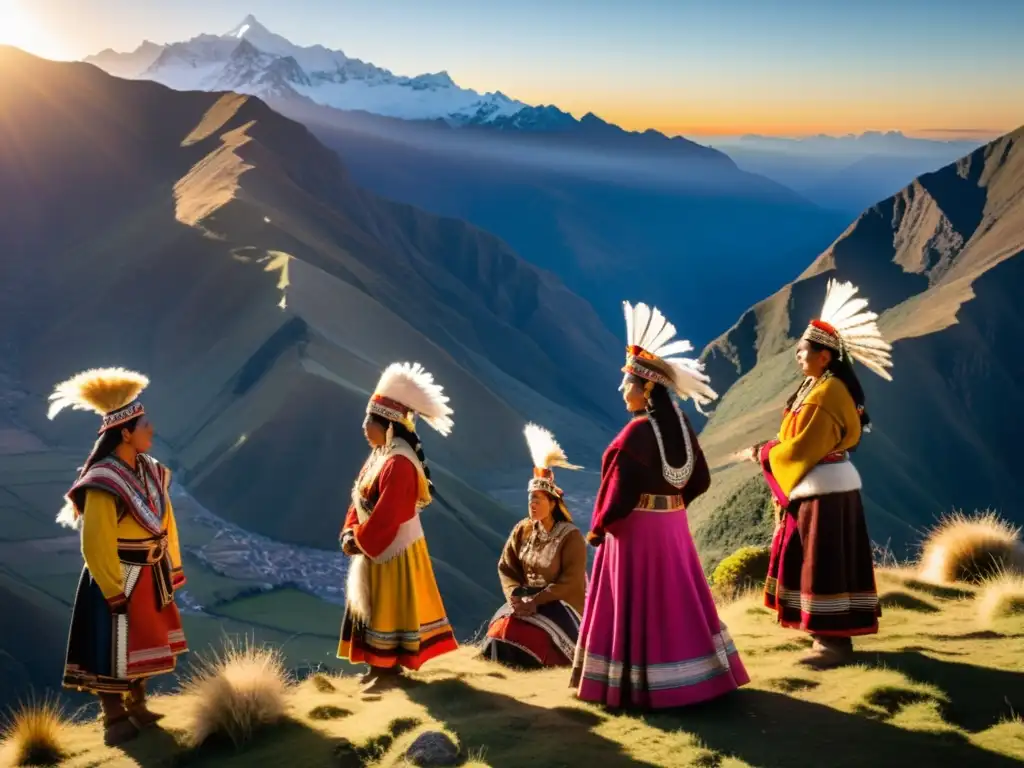 Grupo indígena Andino celebra equinoccio de septiembre en los majestuosos Andes, vistiendo coloridos atuendos tradicionales