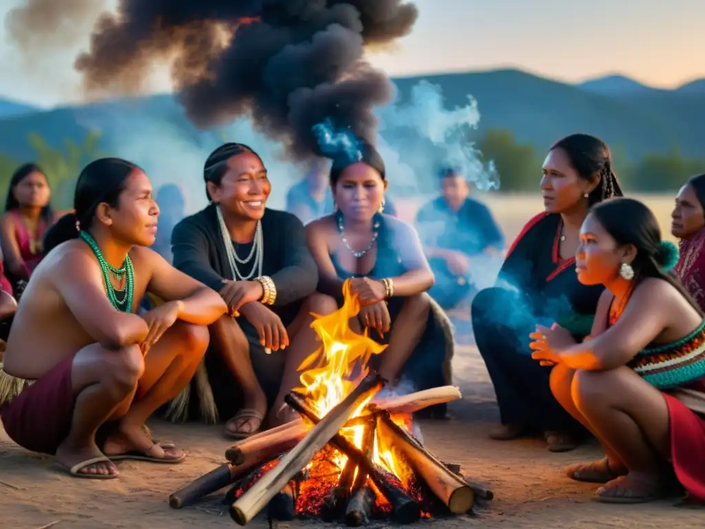 Grupo indígena celebra ceremonia alrededor del fuego, conectados con elementos sagrados y la espiritualidad indígena