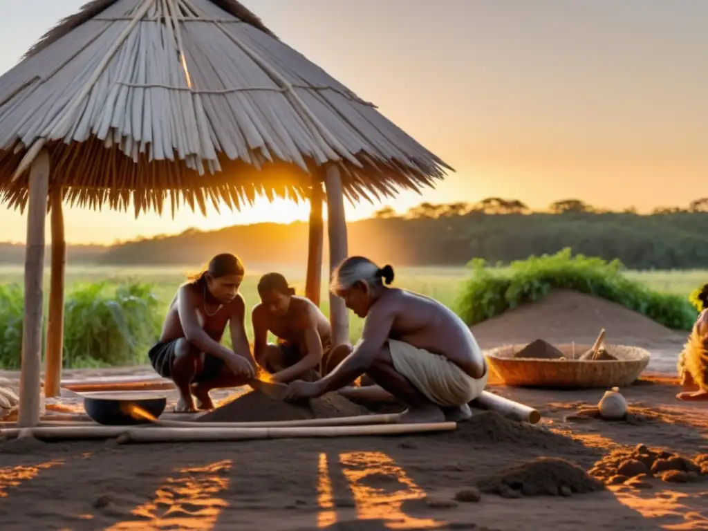 Grupo indígena construye refugio tradicional al atardecer, mostrando estrategias indígenas de supervivencia cultural frente al cambio climático