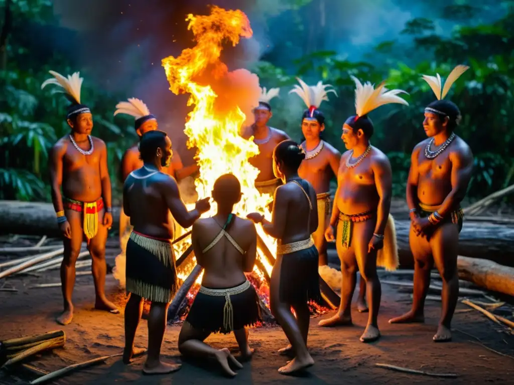 Grupo indígena ejecuta ritos de pasaje en sociedad cazadora, danza alrededor de fogata en la selva exuberante